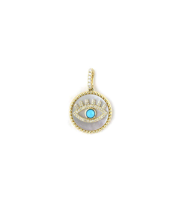 14K Gold Mother of Pearl Turquoise Evil Eye Coin Charm