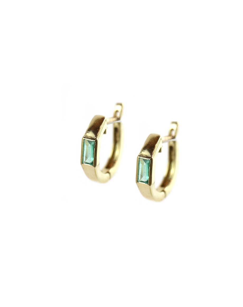 14K Gold Simple Baguette Emerald Huggies