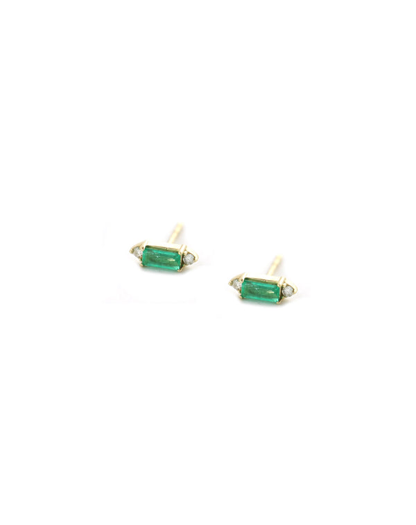 14K Gold Baguette Emerald Double Diamond Studs