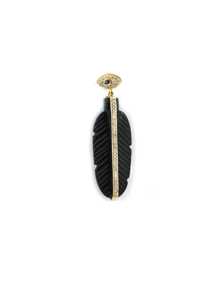 14K Gold Evil Eye Bail Carved Onyx Feather Charm