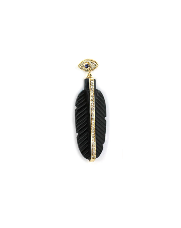 14K Gold Evil Eye Bail Carved Onyx Feather Charm