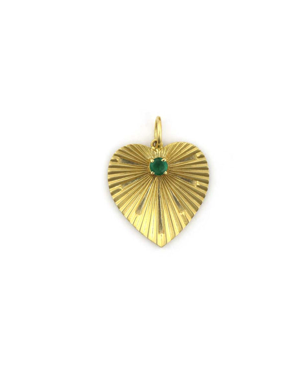 14K Gold Fanned Single Emerald Heart Charm