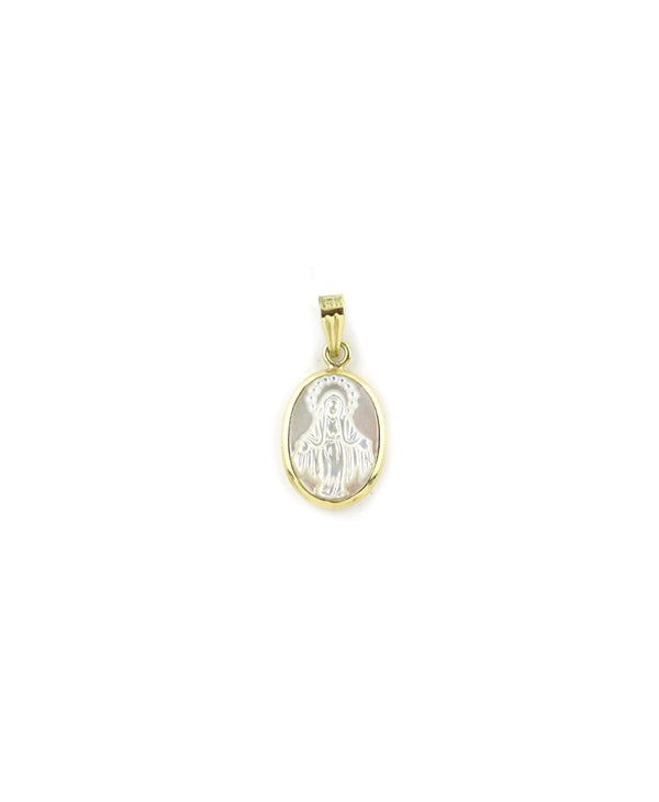 14K Gold Mother of Pearl Miraculous Mary Medal Charm