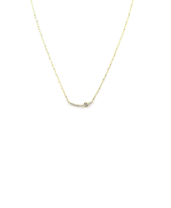 14K Gold Off Center Diamond Bezel Curved Bar Necklace