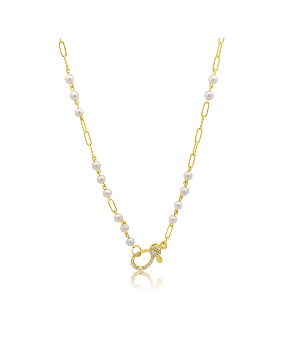 14K Gold Wired Pearl Diamond Lock Necklace