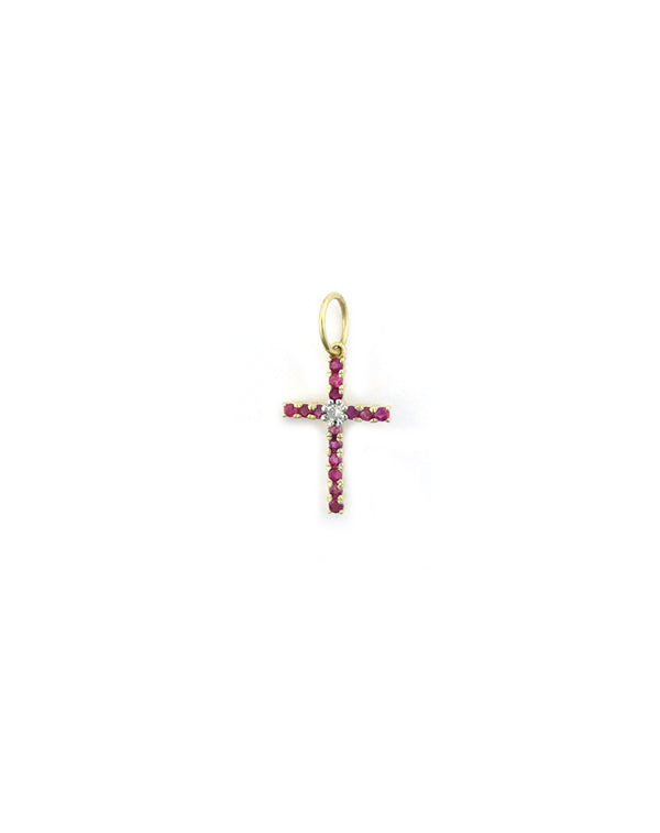 14K Gold Ruby Diamond Center Cross Charm