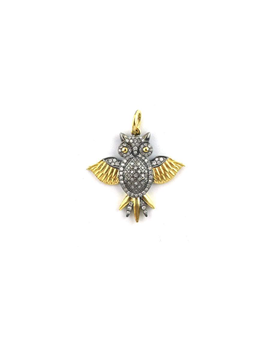 14K Gold & Silver Diamond Owl Charm
