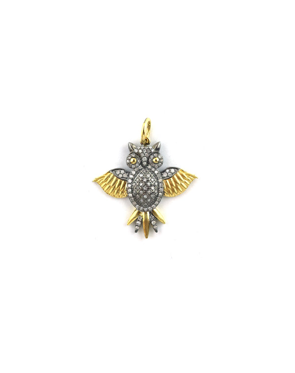 14K Gold & Silver Diamond Owl Charm