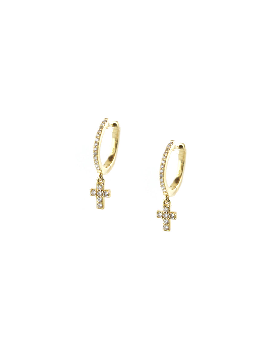 14K Gold Diamond Cross Charm Huggies