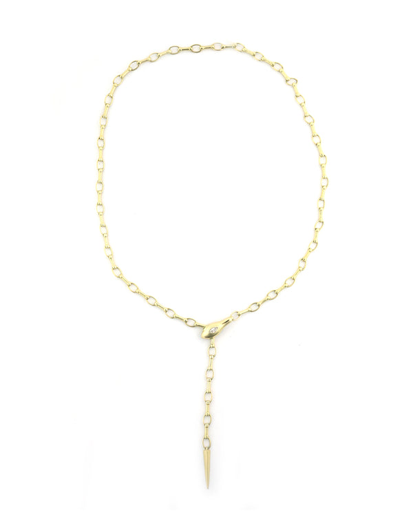 14K Gold Link + Oval Snake .11ct Diamond Lariat Necklace