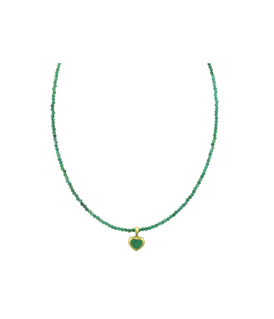 15" 14K Gold Emerald Heart Beaded Necklace