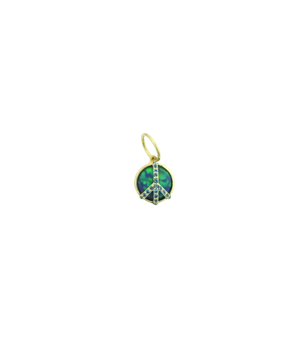 Mini 14K Gold Dark Blue Opal Sapphire Peace Sign Charm