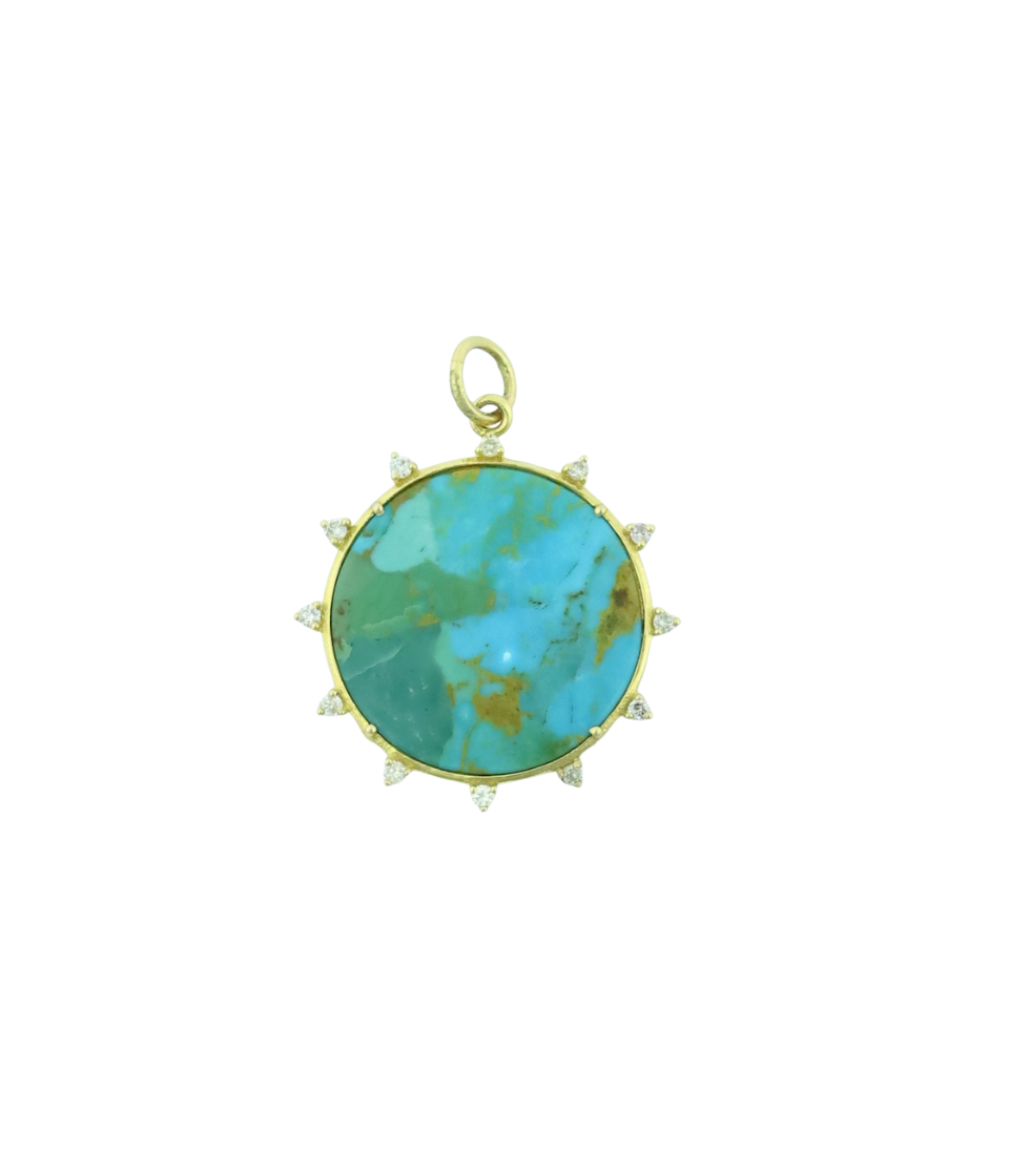 14K Gold Diamond Turquoise Round Charm