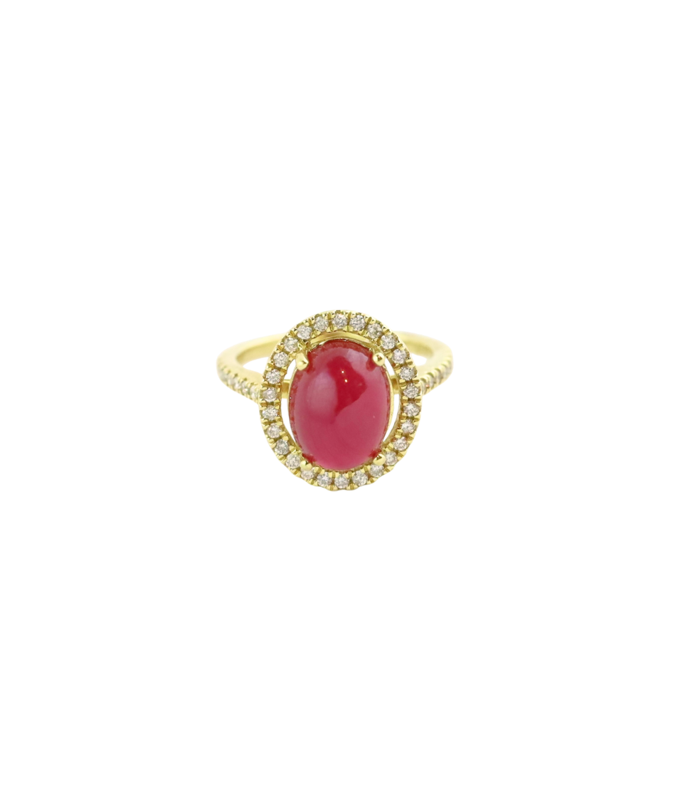 14K Gold Ruby Cabochon Diamond Ring