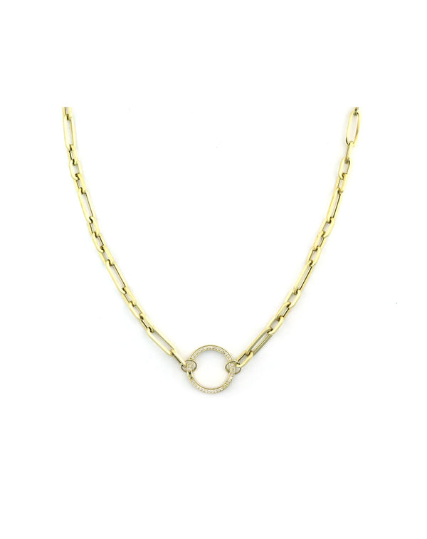 14K Gold Trio Mix Link 17mm Diamond Lock Necklace