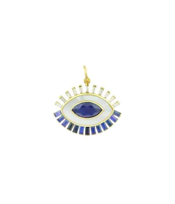14K Gold Baguette Diamond and Sapphire Evil Eye Charm