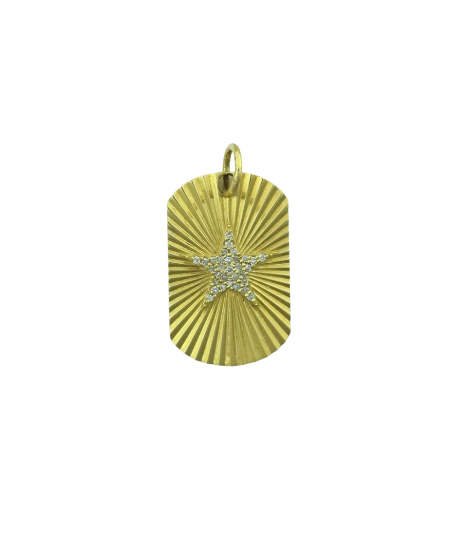 14K Gold Fanned Diamond Star Dog Tag Charm