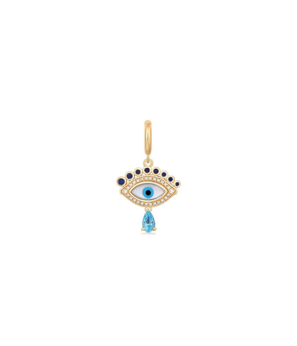 14K Gold Blue Sapphire Evil Eye Drop Pendant