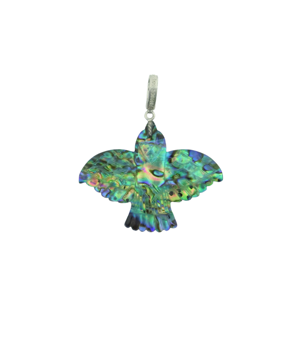 XL Carved Abalone Thunderbird Silver Diamond Charm