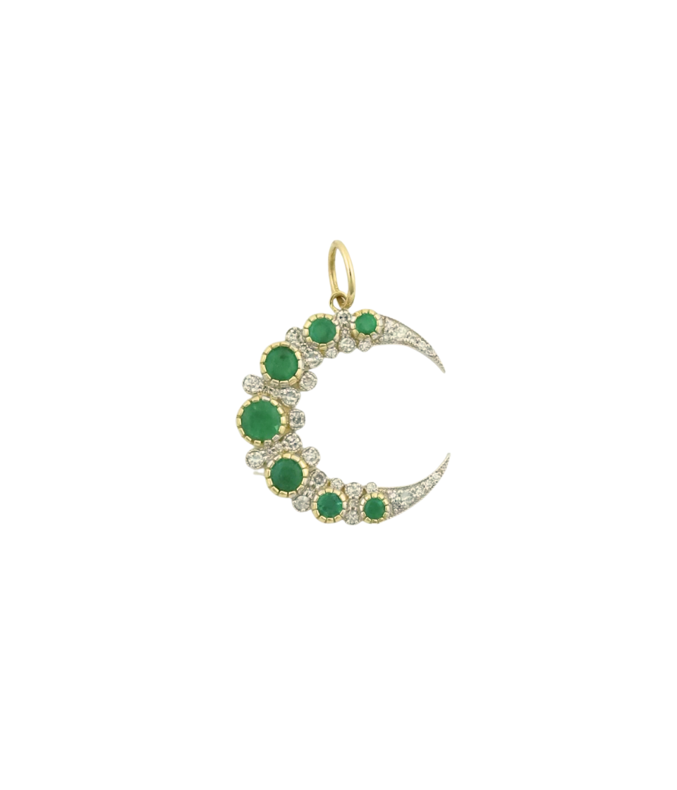 14K Gold Graduated Emerald Diamond Crescent Moon Charm