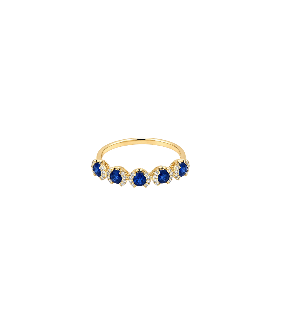 14K Gold Diamond 5 Stone Blue Sapphire Ring