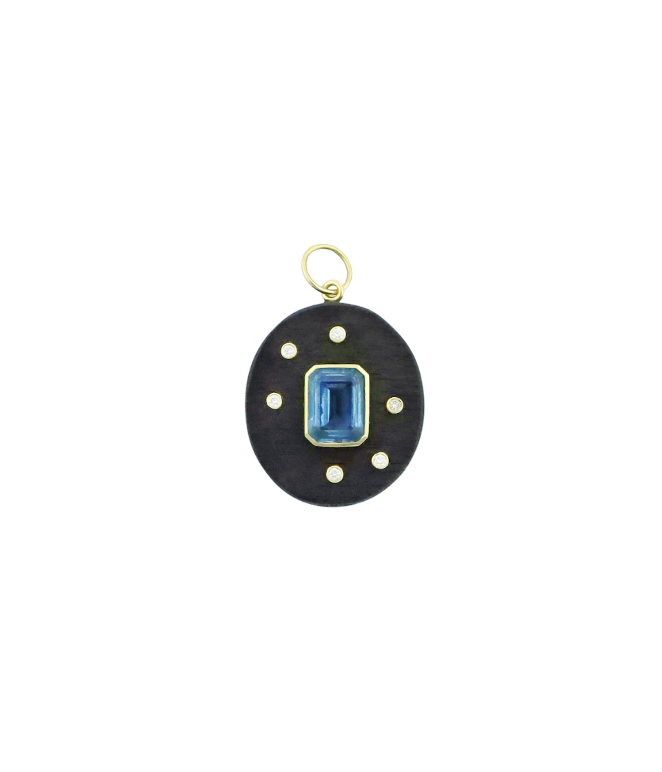 14K Gold Diamond Blue Topaz Wood Charm