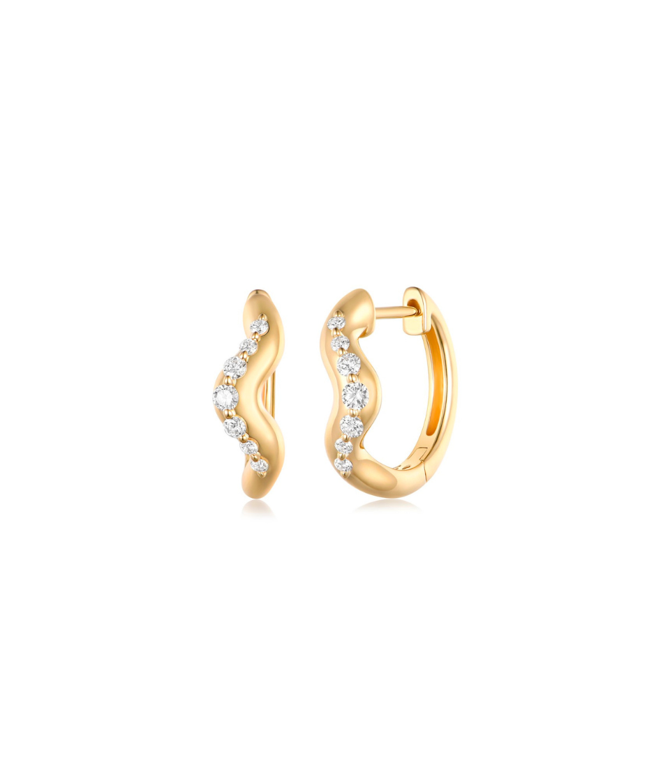15mm 14K Gold Wavy Graduated Diamond Huggies
