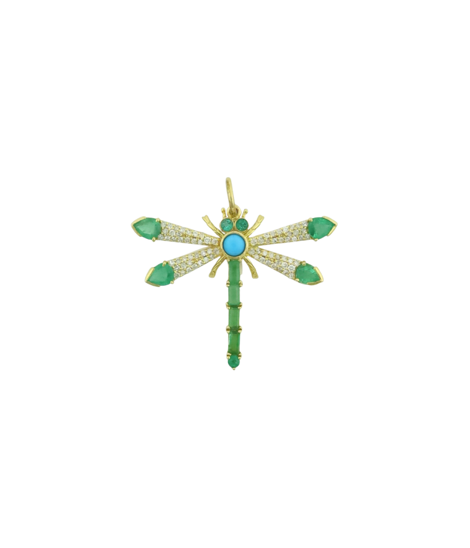 14K Gold Diamond Emerald + Turquoise Dragonfly