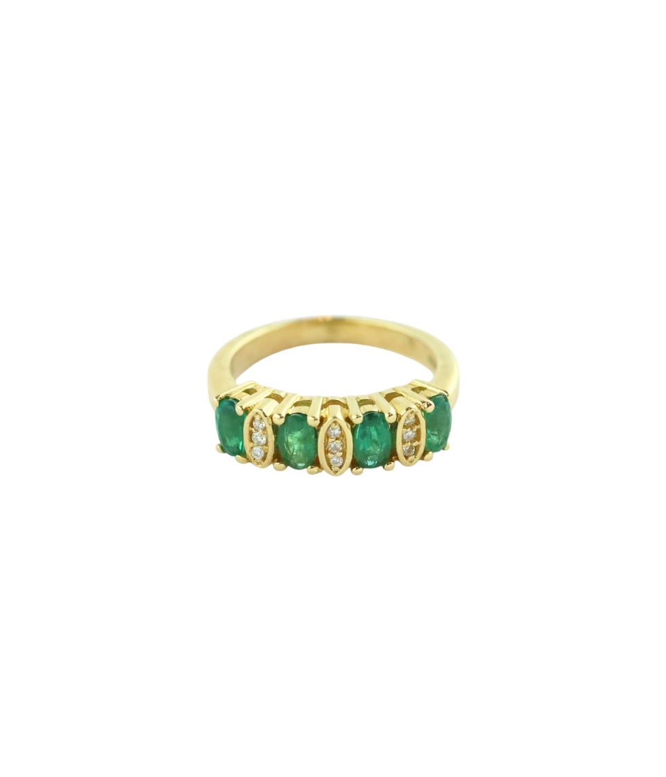 14K Gold Alternating Oval Emerald & Diamond Retro Ring