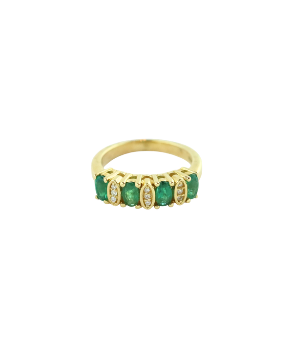 14K Gold Alternating Oval Emerald & Diamond Retro Ring