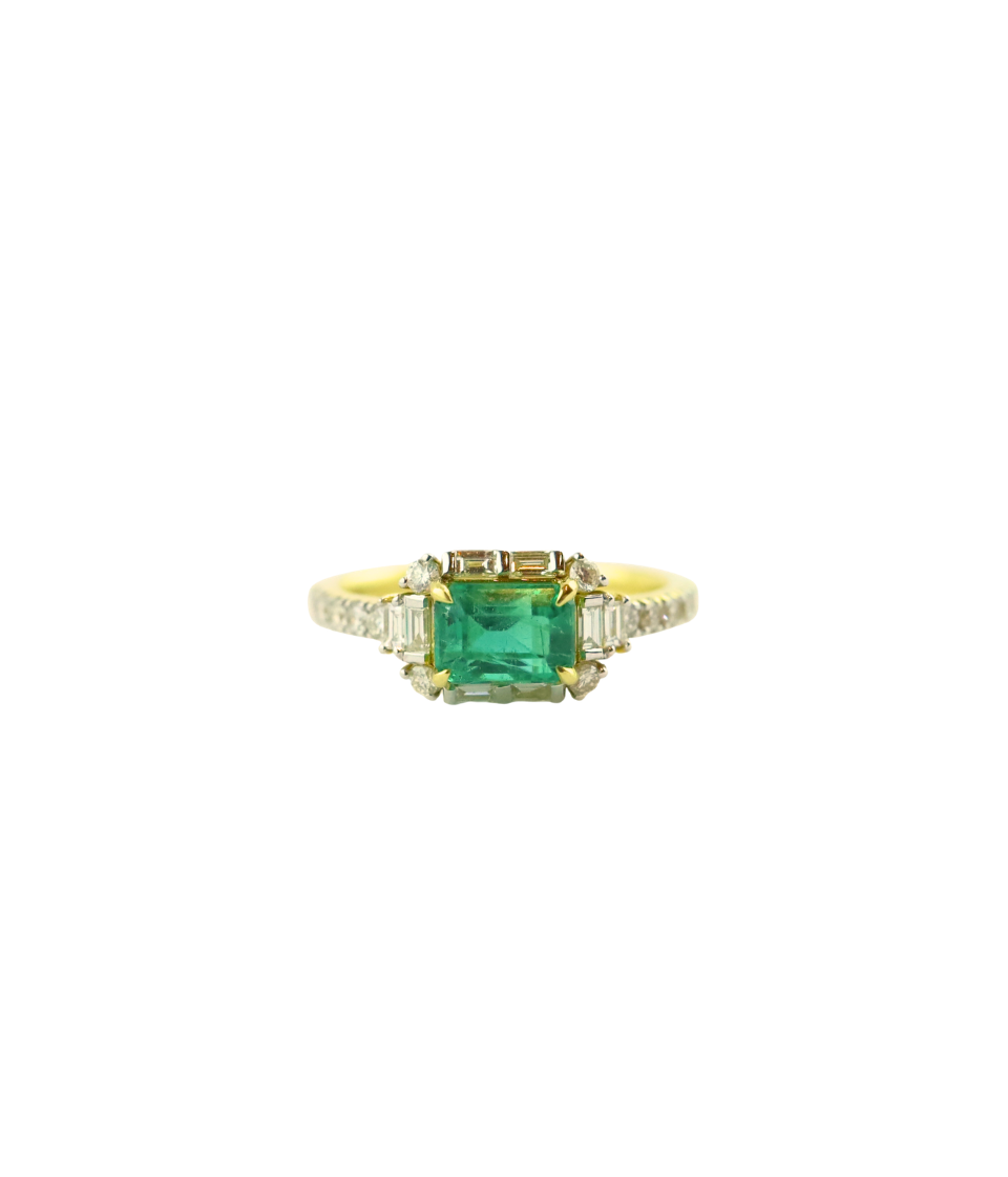 14K Gold 1.24ct Horizontal Emerald Baguette Diamond Ring