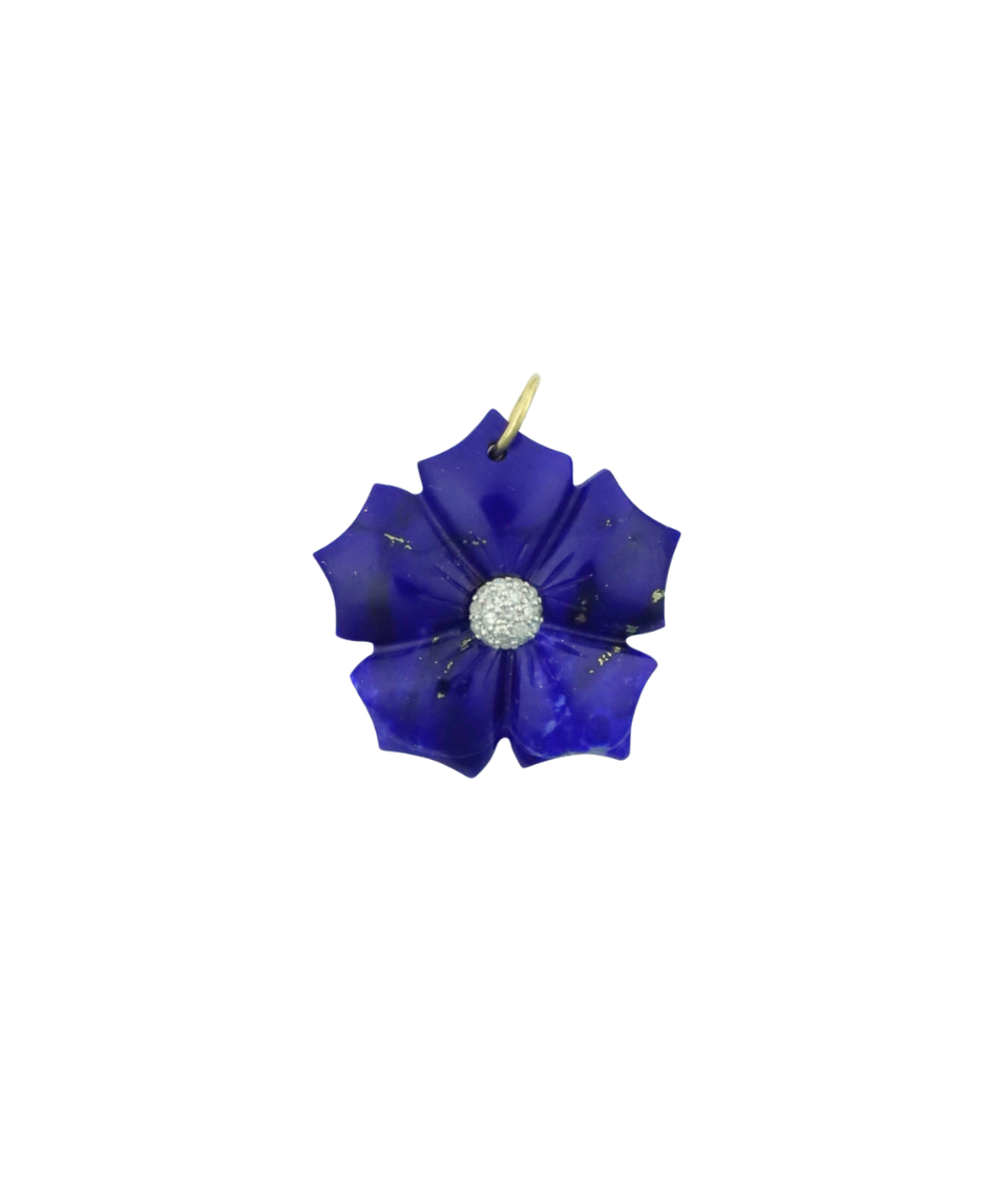 14K Gold 5 Petal Lapis Diamond Flower Charm