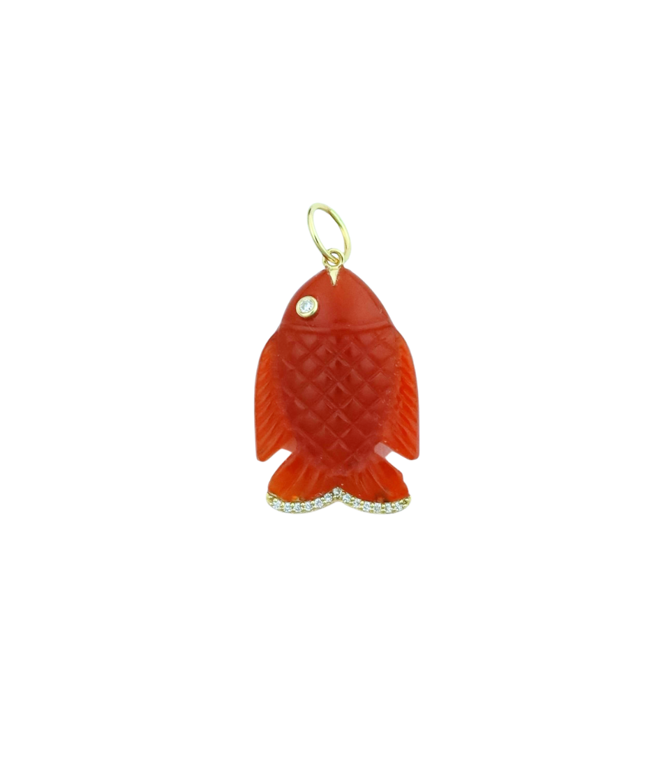 14K Diamond Carved Carnelian Fish Pendant