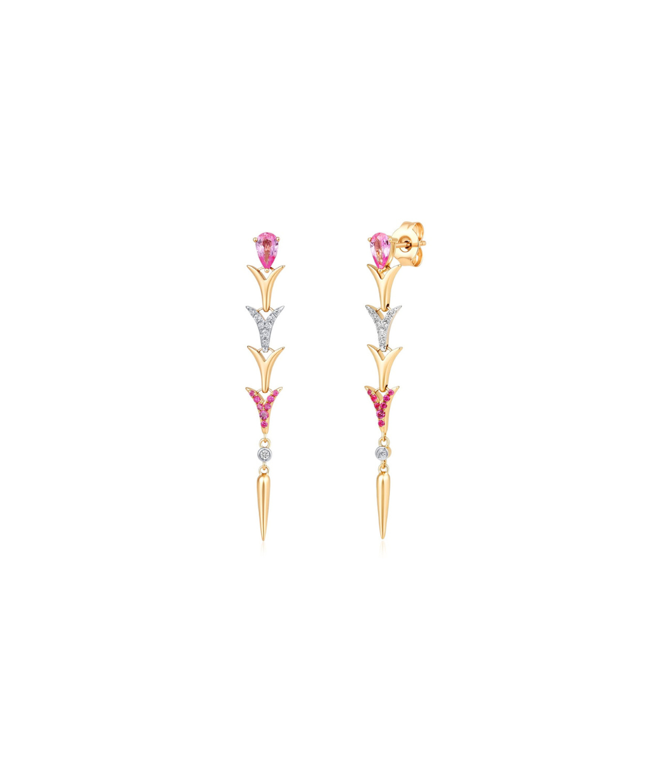 14K Gold Pink Sapphire & Diamond Dangle Duster Earrings