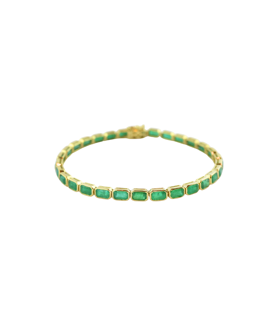 14K Gold 9.12ct Bezel Baguette Emerald Tennis Bracelet