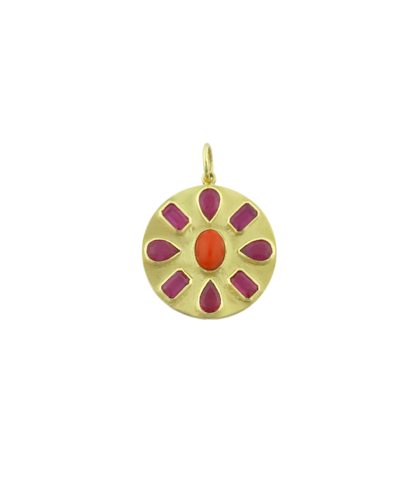 14K Matte Gold Ruby Coral Coin Charm