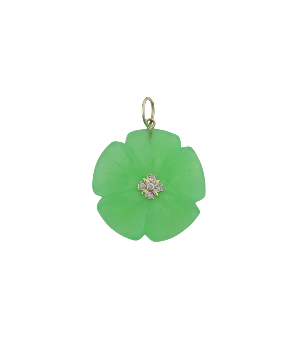 14K Gold Chrysoprase Diamond Flower Charm