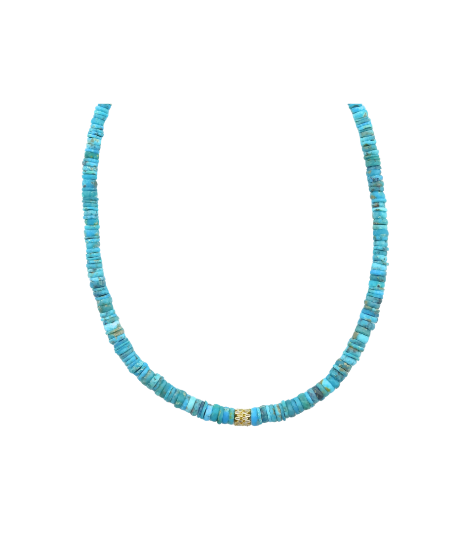 14K Gold Zig Zag Diamond Spacer Arizona Turquoise Necklace