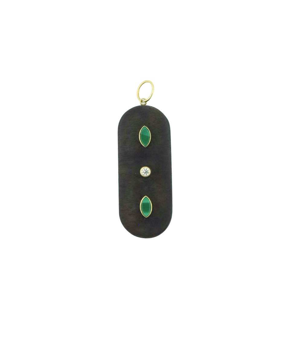 14K Gold Diamond Malachite Vertical Wood Charm