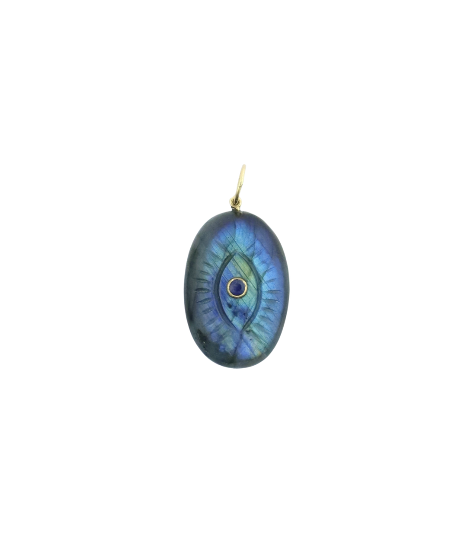 14K Gold Bezel Blue Sapphire Carved Labradorite Evil Eye Pendant
