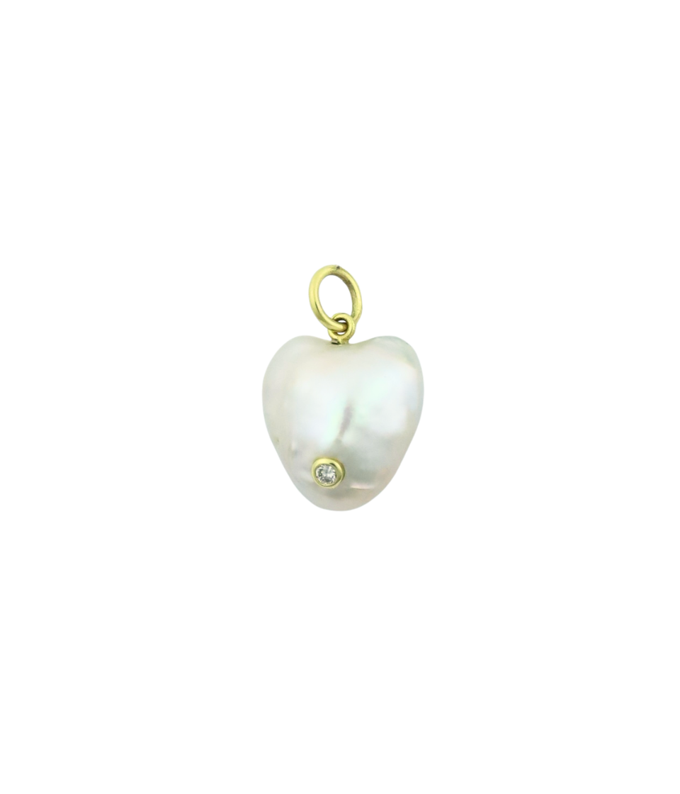 14K Gold Diamond Freshwater Pearl Heart Nugget Charm