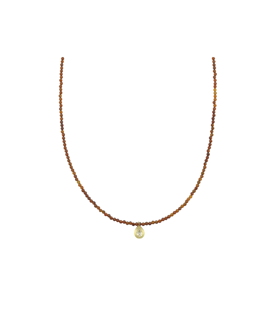 14K Gold Pear Diamond Rusty Brown Sapphire Beaded Necklace