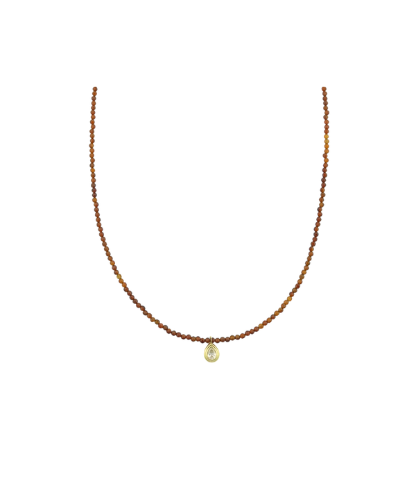 14K Gold Pear Diamond Rusty Brown Sapphire Beaded Necklace