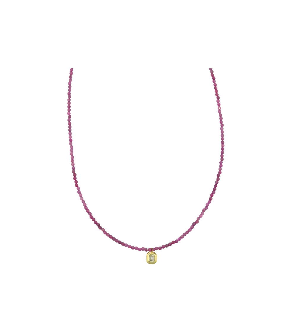 14K Gold Emerald Cut Diamond Charm Ruby Beaded Necklace