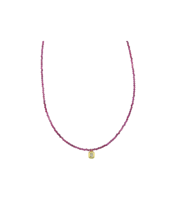 14K Gold Emerald Cut Diamond Charm Ruby Beaded Necklace