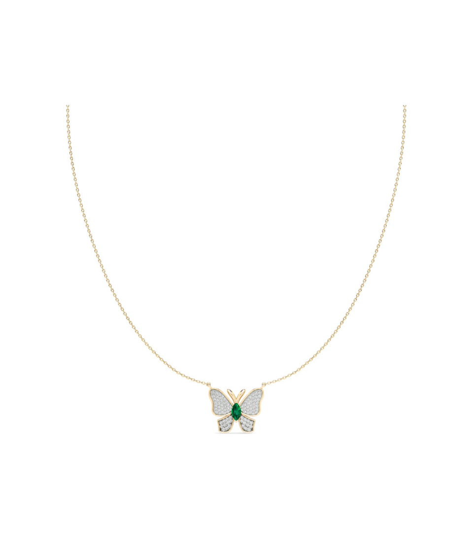 14K Gold Diamond Emerald Pave Butterfly Necklace