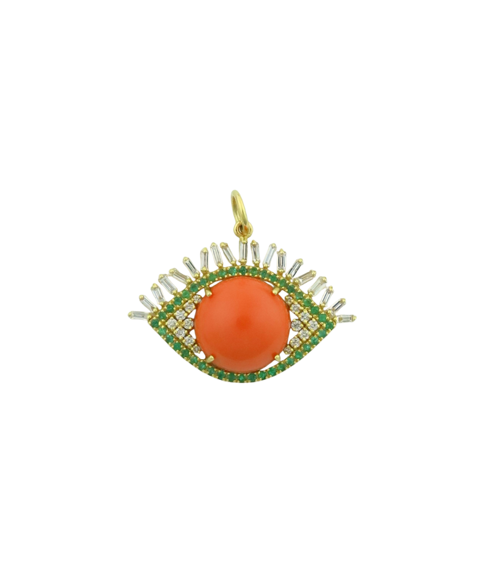 14K Gold Baguette Diamond Emerald Coral Evil Eye Charm