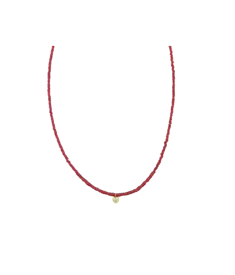14K Gold Mini Diamond Heart Ruby Beaded Necklace