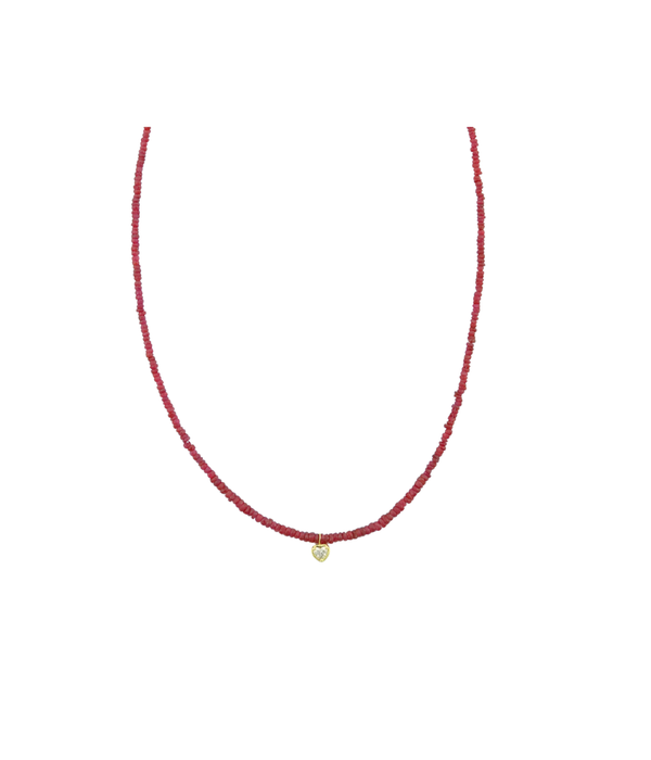 14K Gold Mini Diamond Heart Ruby Beaded Necklace