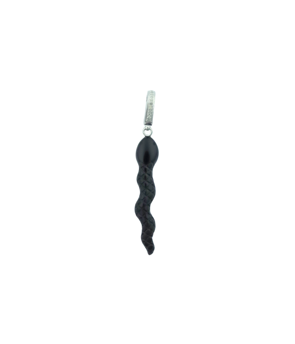 Silver Diamond Carved Black Onyx Snake Charm